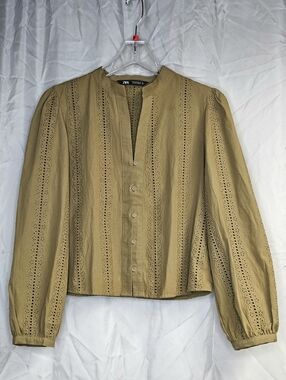 Zara Mustard Khaki Eyelet Lace Boho Prairie Puff Sleeve Cotton Cropped Blouse